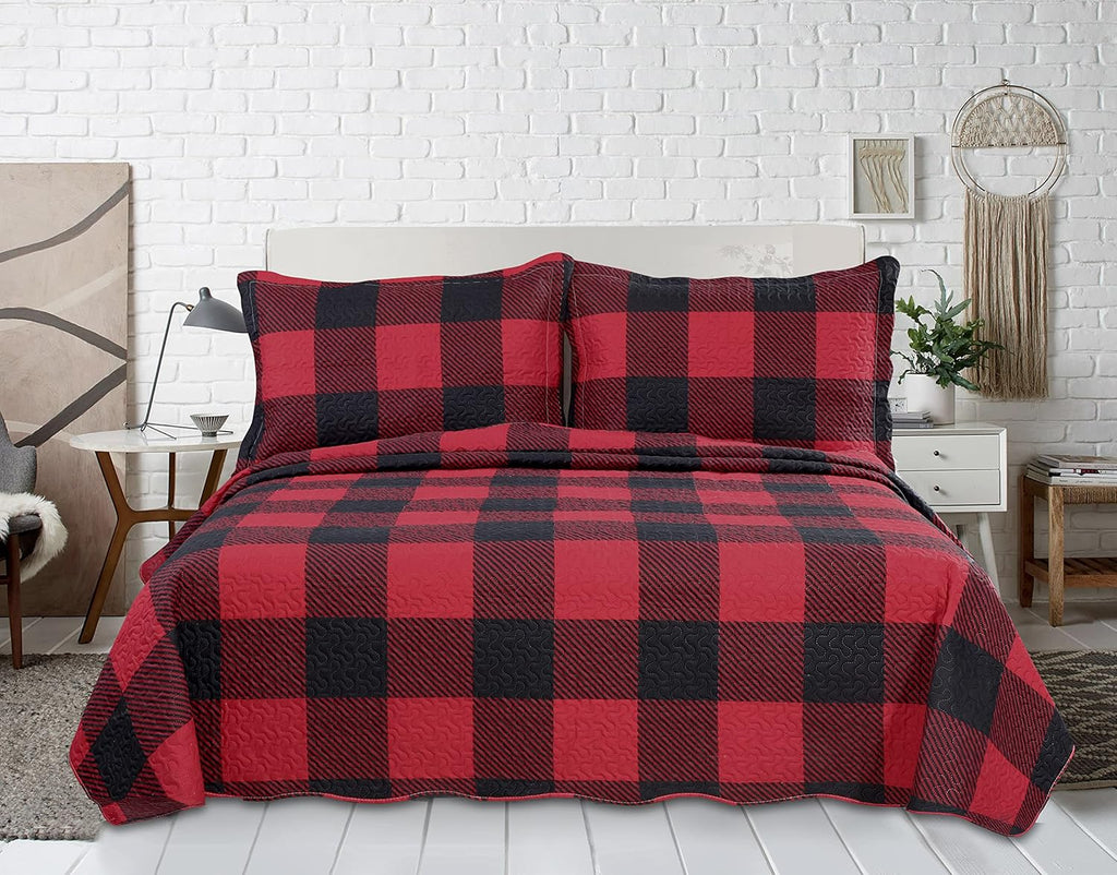 Decorkart Rich Printed Embossed Pinsonic Coverlet Bedspread Ultra Soft 3 Piece Summer Quilt Set with 2 Quilted Shams, Red Black Plaid Pattern