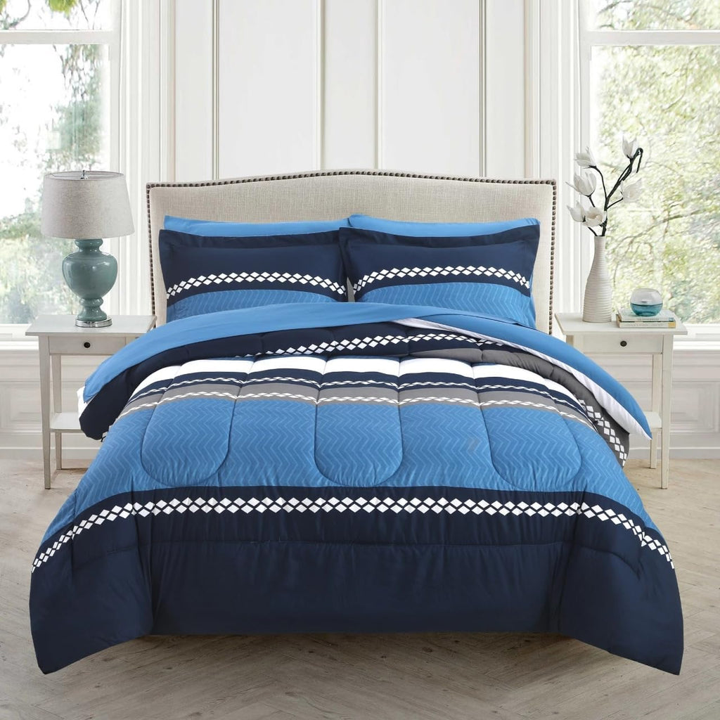 Decorkart Ultra Soft Luxury Fluffy Goose Down Alternative Bed in a Bag Bedding Printed 7 Piece Comforter Set Includes 4 Piece Sheet Set, Navy Blue Geometric Stripes Pattern