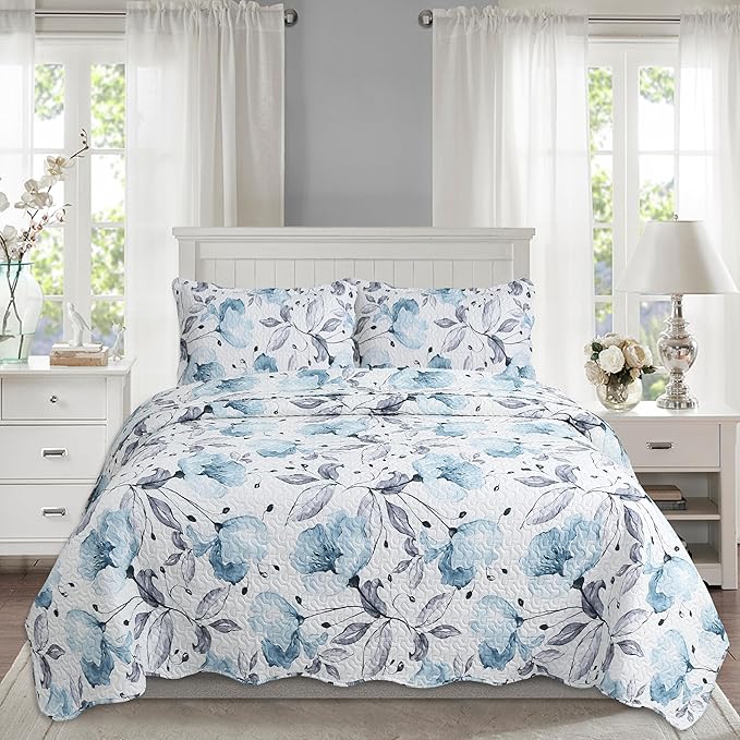 Decorkart Rich Printed Embossed Pinsonic Coverlet Bedspread Ultra Soft Home Bedding 3 Piece Summer Quilt Set with 2 Embossed Shams, Blue Floral Pattern