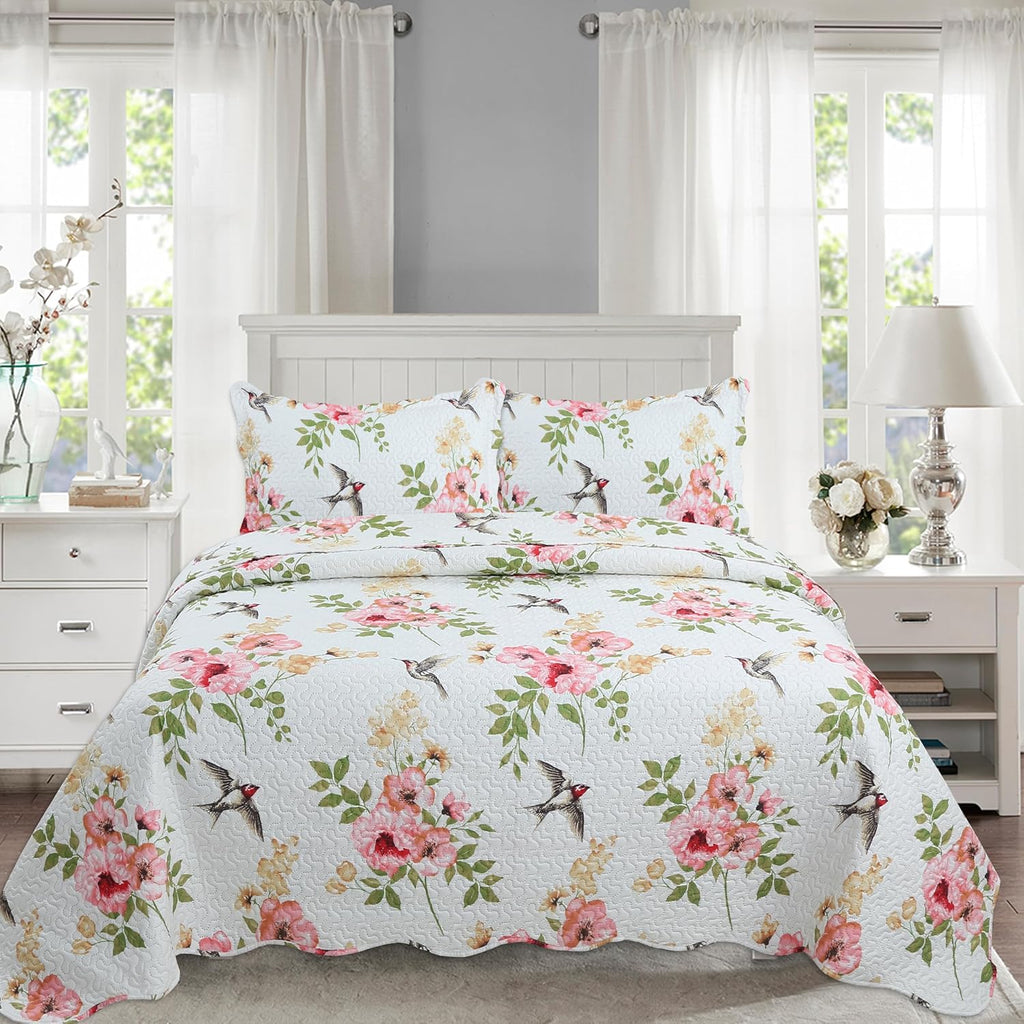 Decorkart Rich Printed Embossed Pinsonic Coverlet Bedspread Ultra Soft 3 Piece Summer Quilt Set with 2 Quilted Shams, Pink Floral and Birds Pattern