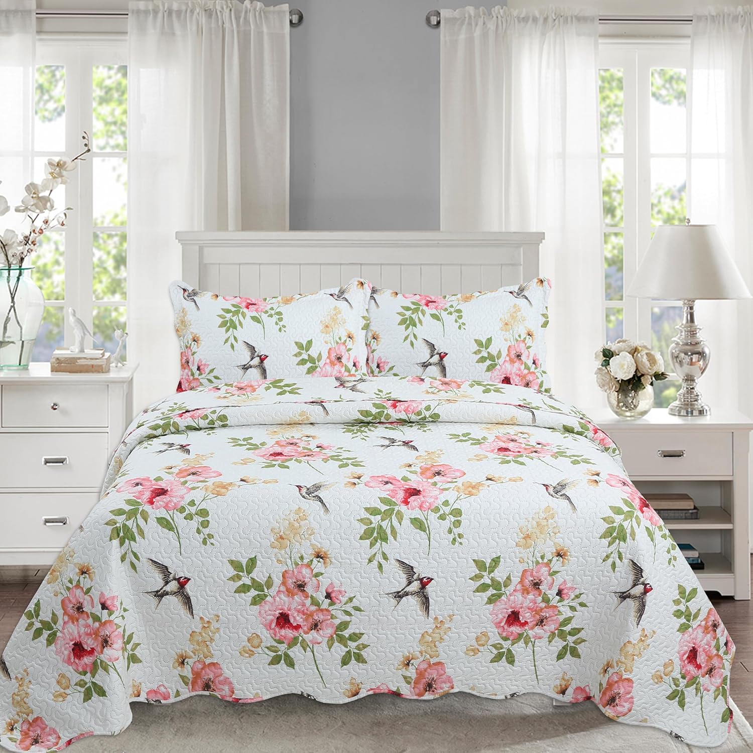 Decorkart Rich Printed Embossed Pinsonic Coverlet Bedspread Ultra Soft 3 Piece Summer Quilt Set with 2 Quilted Shams, Pink Floral and Birds Pattern