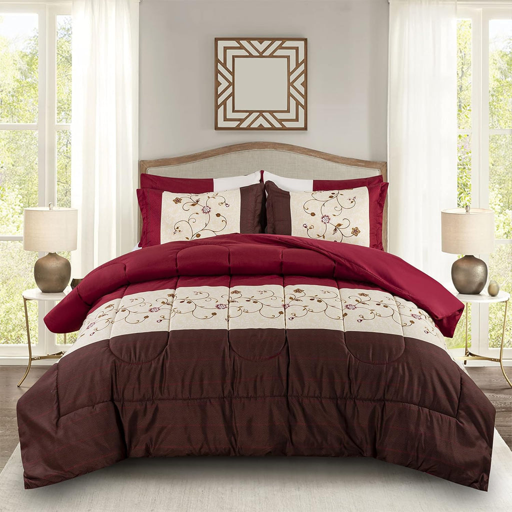 Decorkart Ultra Soft Luxury Fluffy Goose Down Alternative Bed in a Bag Rich Printed 7 Piece Comforter Set Includes 4 Piece Sheet Set, Modern Burgundy Cosmos Floral Pattern
