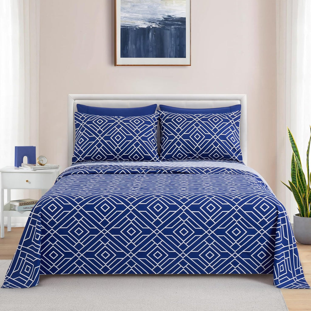Decorkart Ultra Soft Silky Deep Pocket Rich Printed Bedding Rayon from Bamboo All Season 6 Pieces Sheet Set with 4 Pillowcases, Blue Geometric Pattern