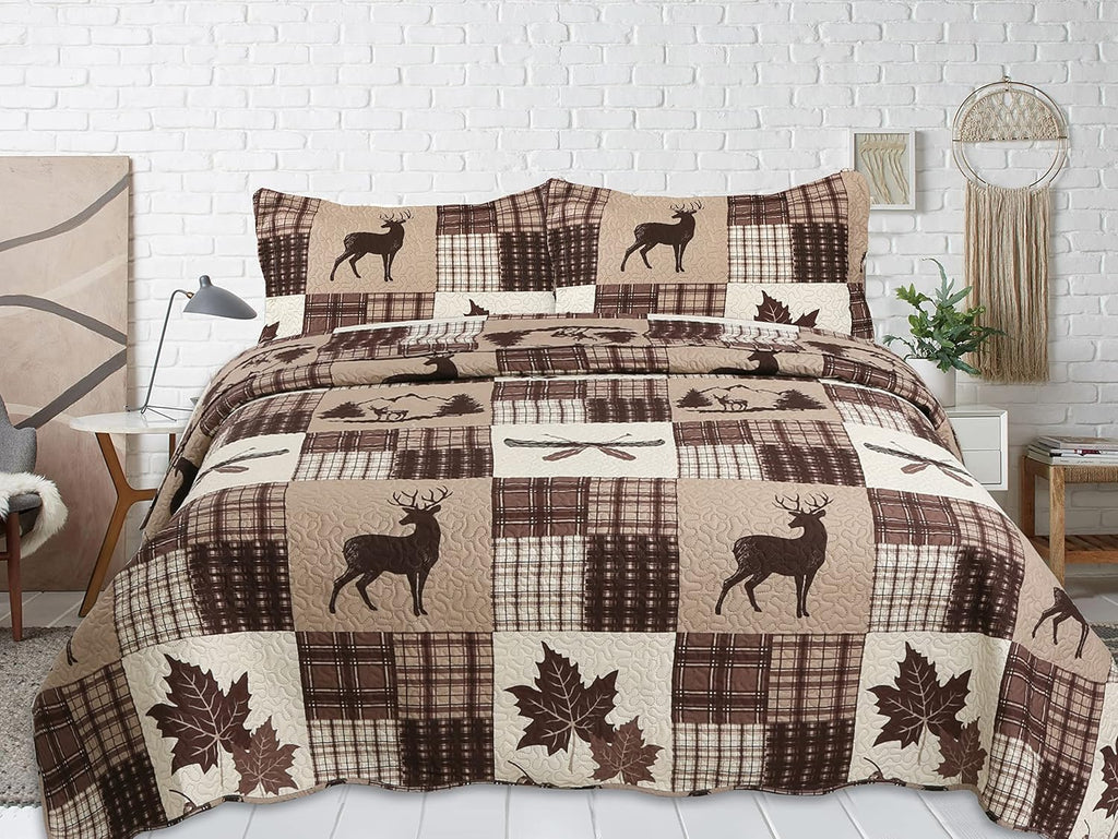 Decorkart Rich Printed Embossed Pinsonic Coverlet Bedspread Ultra Soft 2 Piece Summer Quilt Set with 1 Quilted Sham, Brown Cabin Maple Deer Plaid Pattern