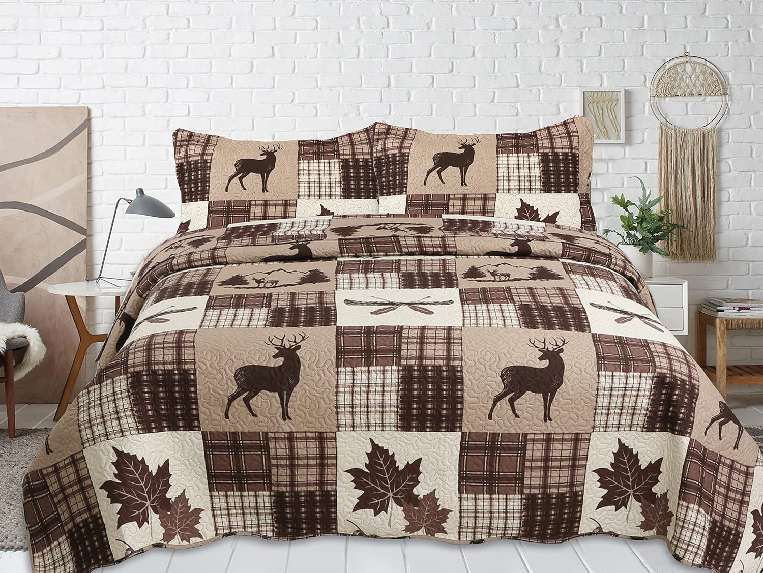 Decorkart Rich Printed Embossed Pinsonic Coverlet Bedspread Ultra Soft 2 Piece Summer Quilt Set with 1 Quilted Sham, Brown Cabin Maple Deer Plaid Pattern