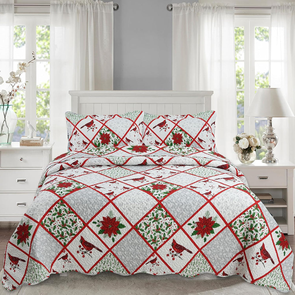 Decorkart Printed Embossed Pinsonic Coverlet Bedspread Ultra Soft Home Bedding 2 Piece Summer Christmas Quilt Set with 1 Quilted Sham, Xmas Red Cardinal Poinsettia Pattern