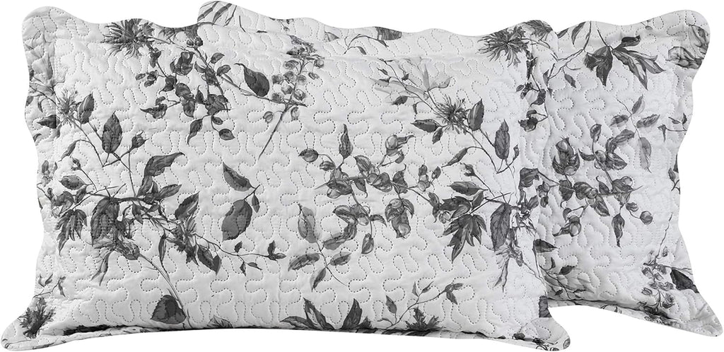 Decorkart Rich Printed Embossed Pinsonic Coverlet Bedspread Ultra Soft 3 Piece Summer Quilt Set with 2 Quilted Shams, Grey Chrysanthemum Floral Branches Pattern