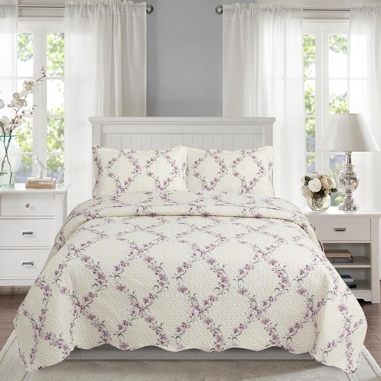 Decorkart Rich Printed Embossed Pinsonic Coverlet Bedspread Ultra Soft Home Bedding 2 Piece Summer Quilt Set with 1 Embossed Sham, Purple Orchid Cream Pattern