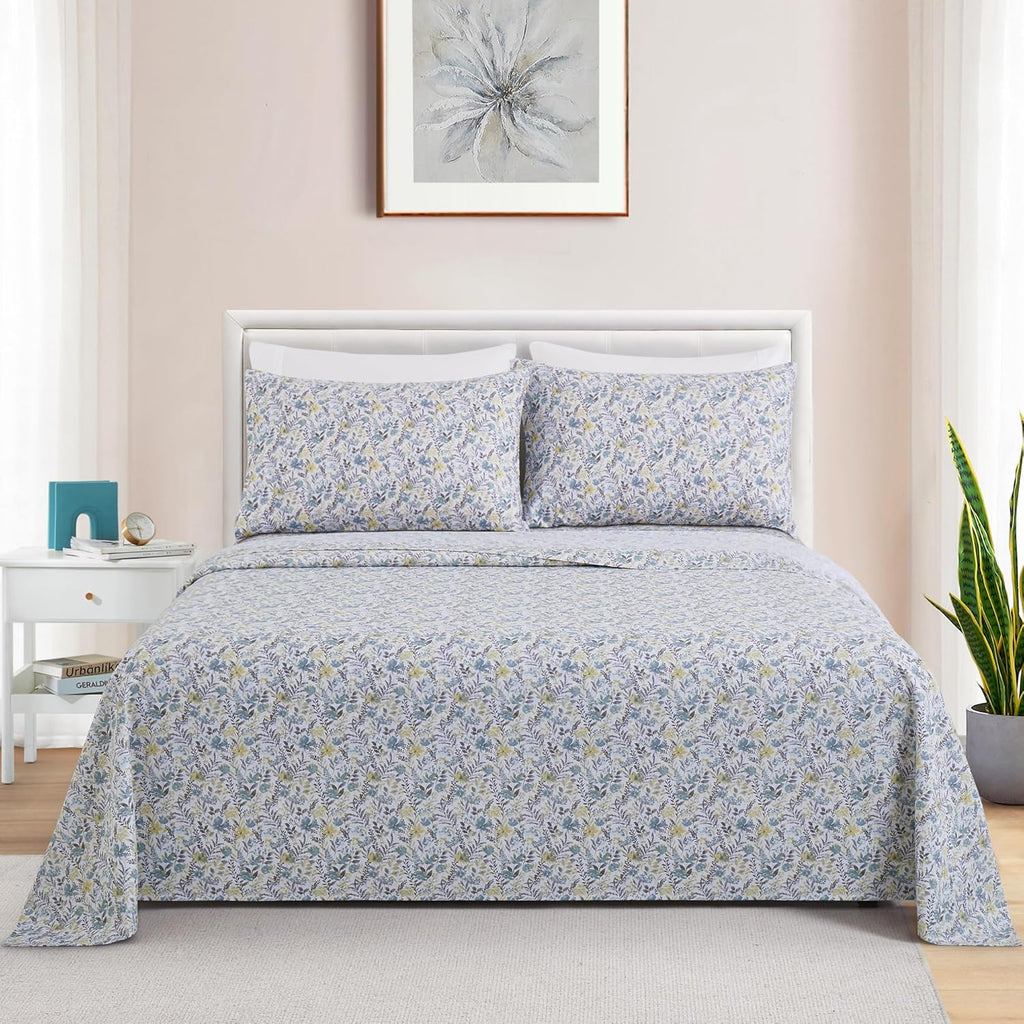 Decorkart Ultra Soft Silky Deep Pocket Rich Printed Bedding Rayon from Bamboo All Season 6 Pieces Sheet Set with 4 Pillowcases, Teal Yellow Floral Pattern