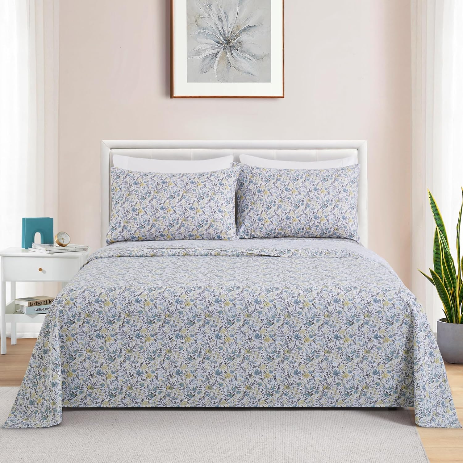 Decorkart Ultra Soft Silky Deep Pocket Rich Printed Bedding Rayon from Bamboo All Season 6 Pieces Sheet Set with 4 Pillowcases, Teal Yellow Floral Pattern