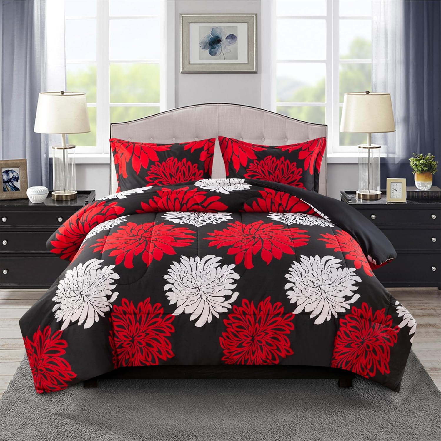 Decorkart Home Decor Ultra Soft Luxury Fluffy Goose Down Alternative Bedding Printed 3 Piece Comforter Set, Modern Red White Floral Black Base Pattern