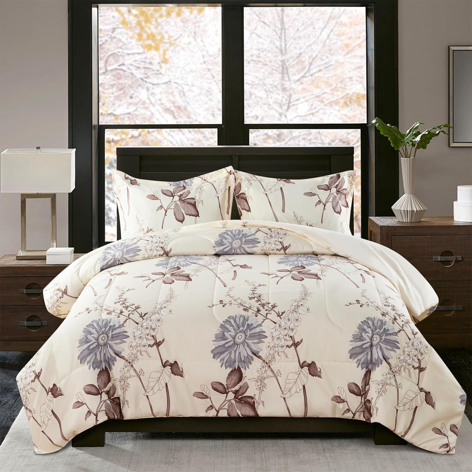 Decorkart Home Decor Ultra Soft Luxury Fluffy Goose Down Alternative Bedding Printed 3 Piece Comforter Set, Blue Chrysanthemum Floral Cream Base Pattern
