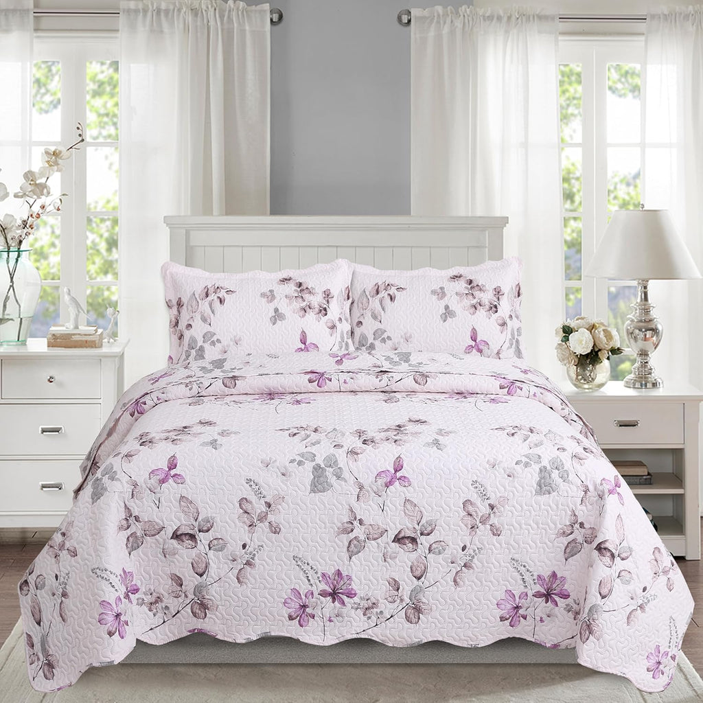 Decorkart Rich Printed Embossed Pinsonic Coverlet Bedspread Ultra Soft Home Bedding 3 Piece Summer Quilt Set with 2 Embossed Shams, Purple Leaves Pink Pattern