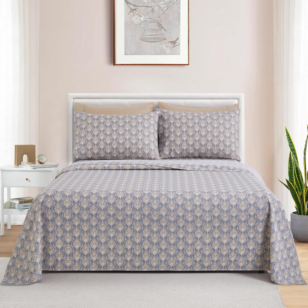 Decorkart Ultra Soft Silky Deep Pocket Rich Printed Bedding Rayon from Bamboo All Season 6 Pieces Sheet Set with 4 Pillowcases, Taupe Grey Floral Pattern