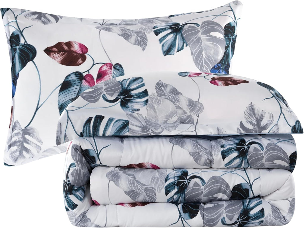 Decorkart Home Decor Ultra Soft Luxury Fluffy Goose Down Alternative Bedding Printed 3 Piece Comforter Set, Modern Green Leaves Pattern