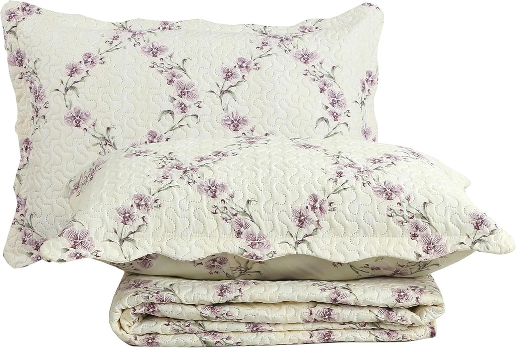Decorkart Rich Printed Embossed Pinsonic Coverlet Bedspread Ultra Soft Home Bedding 2 Piece Summer Quilt Set with 1 Embossed Sham, Purple Orchid Cream Pattern