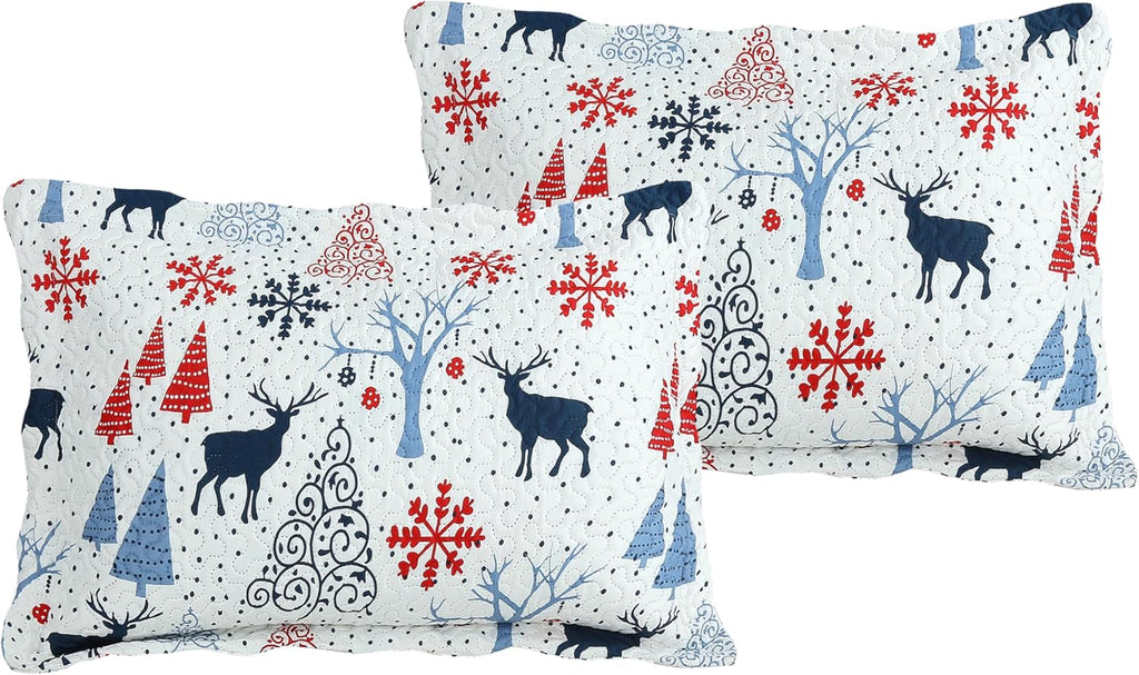 Decorkart Rich Printed Embossed Pinsonic Coverlet Bedspread Ultra Soft 3 Piece Summer Christmas Quilt Set with 2 Quilted Shams, Xmas Reindeer and Tree Pattern