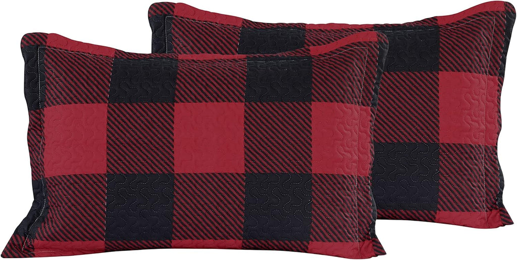 Decorkart Rich Printed Embossed Pinsonic Coverlet Bedspread Ultra Soft 3 Piece Summer Quilt Set with 2 Quilted Shams, Red Black Plaid Pattern