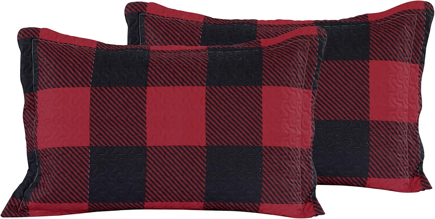 Decorkart Rich Printed Embossed Pinsonic Coverlet Bedspread Ultra Soft 3 Piece Summer Quilt Set with 2 Quilted Shams, Red Black Plaid Pattern