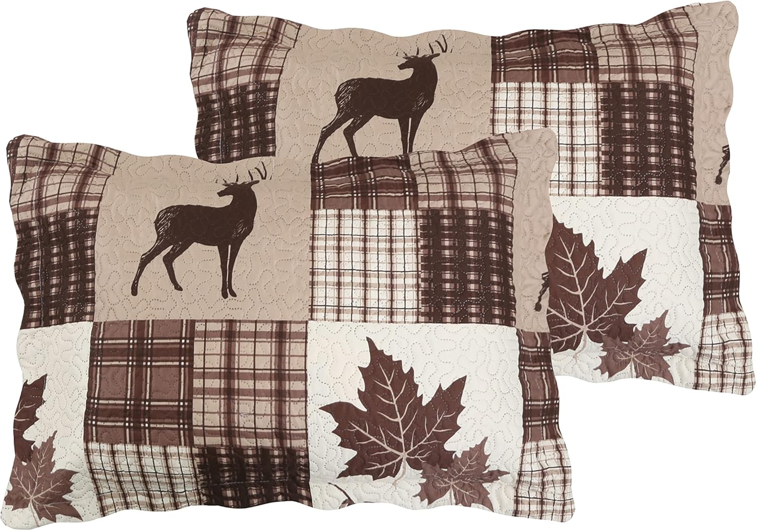 Decorkart Rich Printed Embossed Pinsonic Coverlet Bedspread Ultra Soft 2 Piece Summer Quilt Set with 1 Quilted Sham, Brown Cabin Maple Deer Plaid Pattern