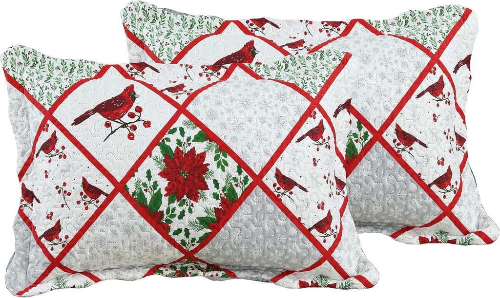 Decorkart Printed Embossed Pinsonic Coverlet Bedspread Ultra Soft Home Bedding 2 Piece Summer Christmas Quilt Set with 1 Quilted Sham, Xmas Red Cardinal Poinsettia Pattern