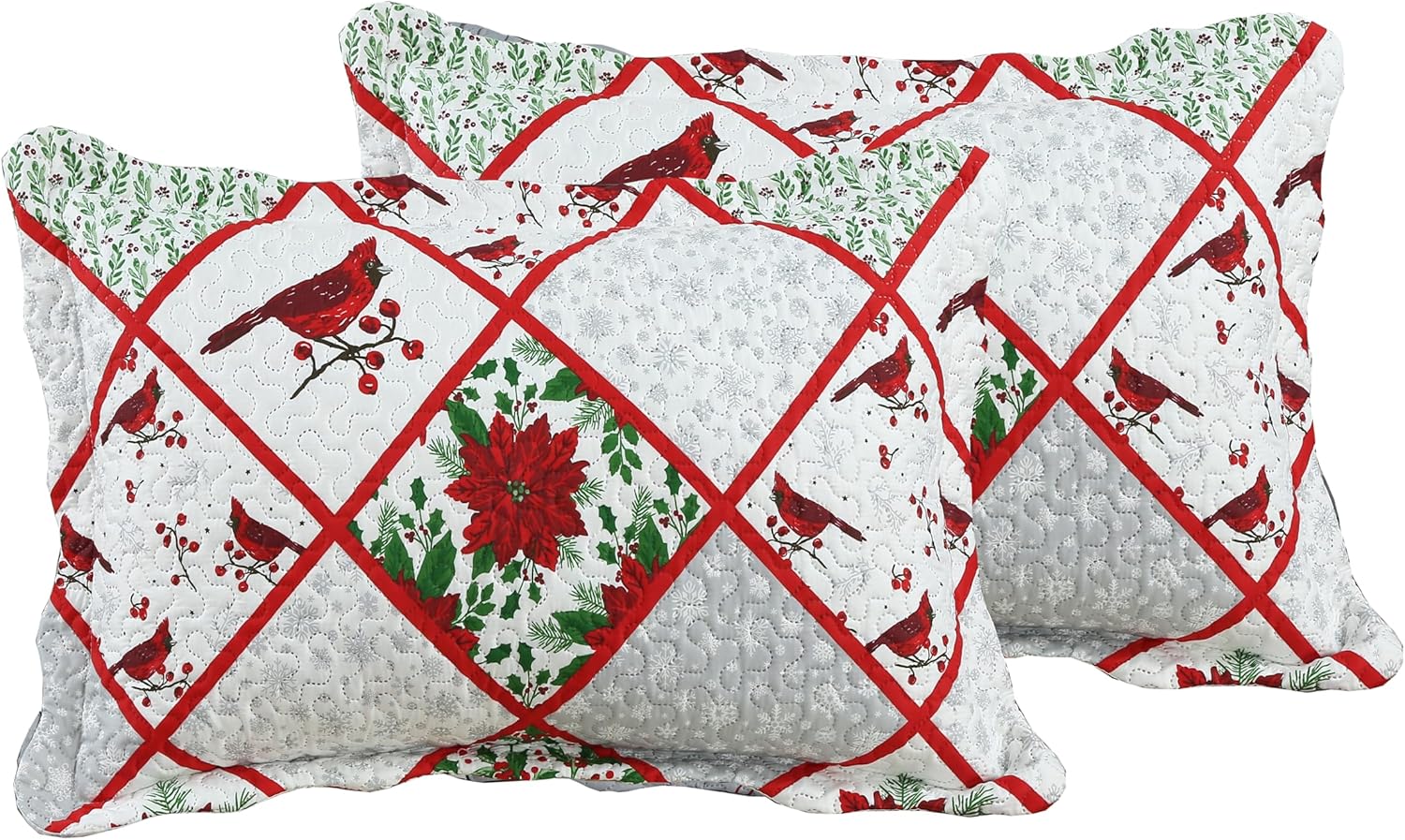 Decorkart Printed Embossed Pinsonic Coverlet Bedspread Ultra Soft Home Bedding 2 Piece Summer Christmas Quilt Set with 1 Quilted Sham, Xmas Red Cardinal Poinsettia Pattern