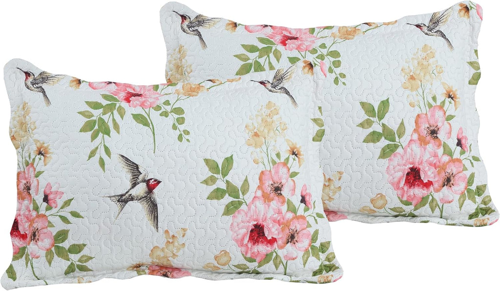 Decorkart Rich Printed Embossed Pinsonic Coverlet Bedspread Ultra Soft 3 Piece Summer Quilt Set with 2 Quilted Shams, Pink Floral and Birds Pattern