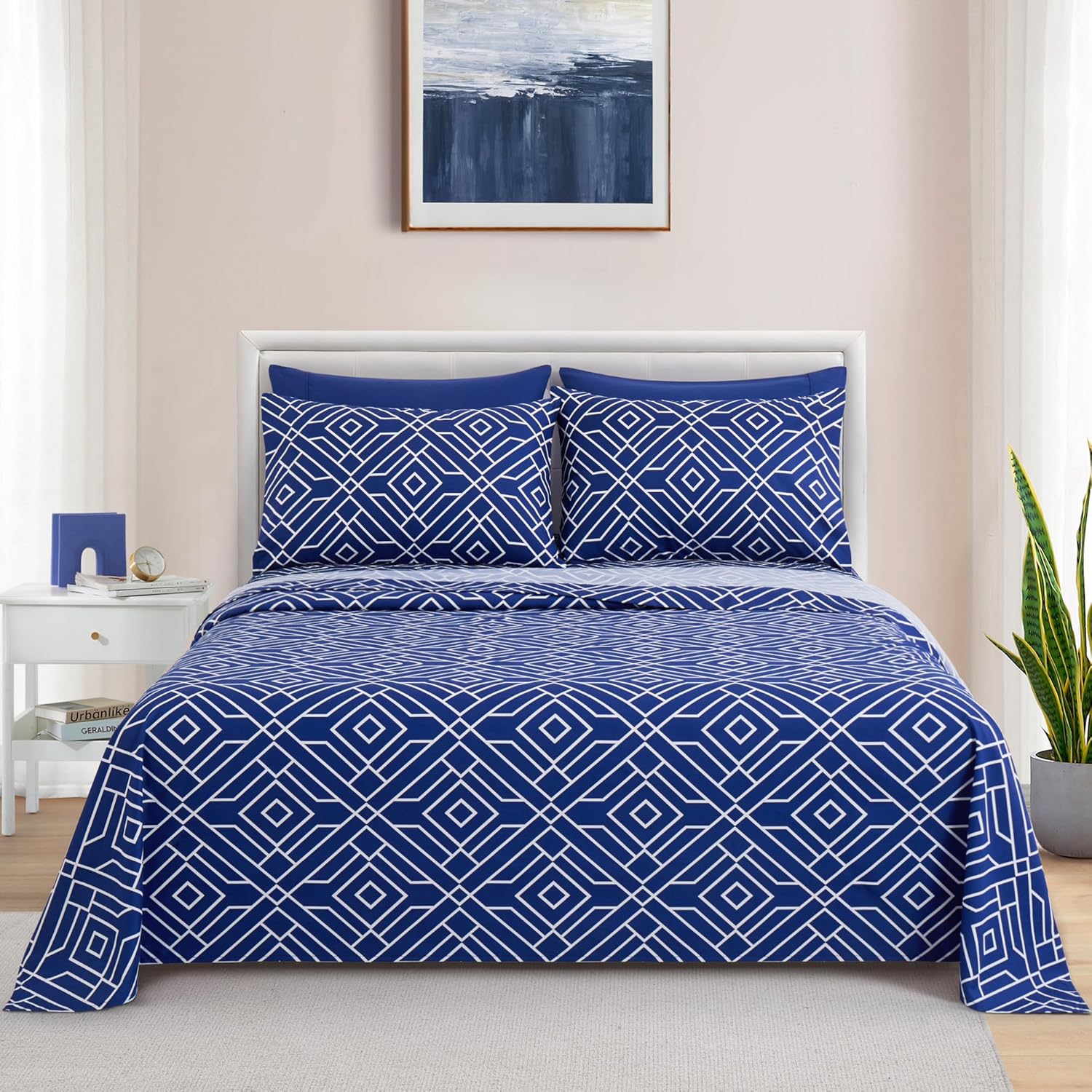 Decorkart Ultra Soft Silky Deep Pocket Rich Printed Bedding Rayon from Bamboo All Season 6 Pieces Sheet Set with 4 Pillowcases, Blue Geometric Pattern