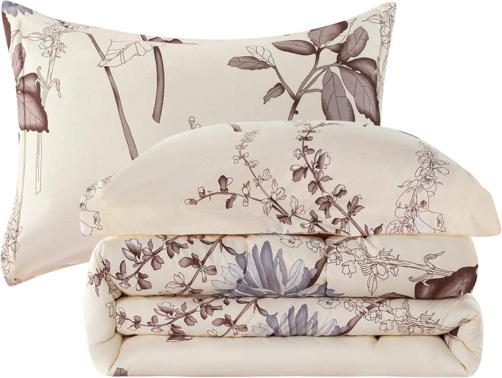 Decorkart Home Decor Ultra Soft Luxury Fluffy Goose Down Alternative Bedding Printed 3 Piece Comforter Set, Blue Chrysanthemum Floral Cream Base Pattern