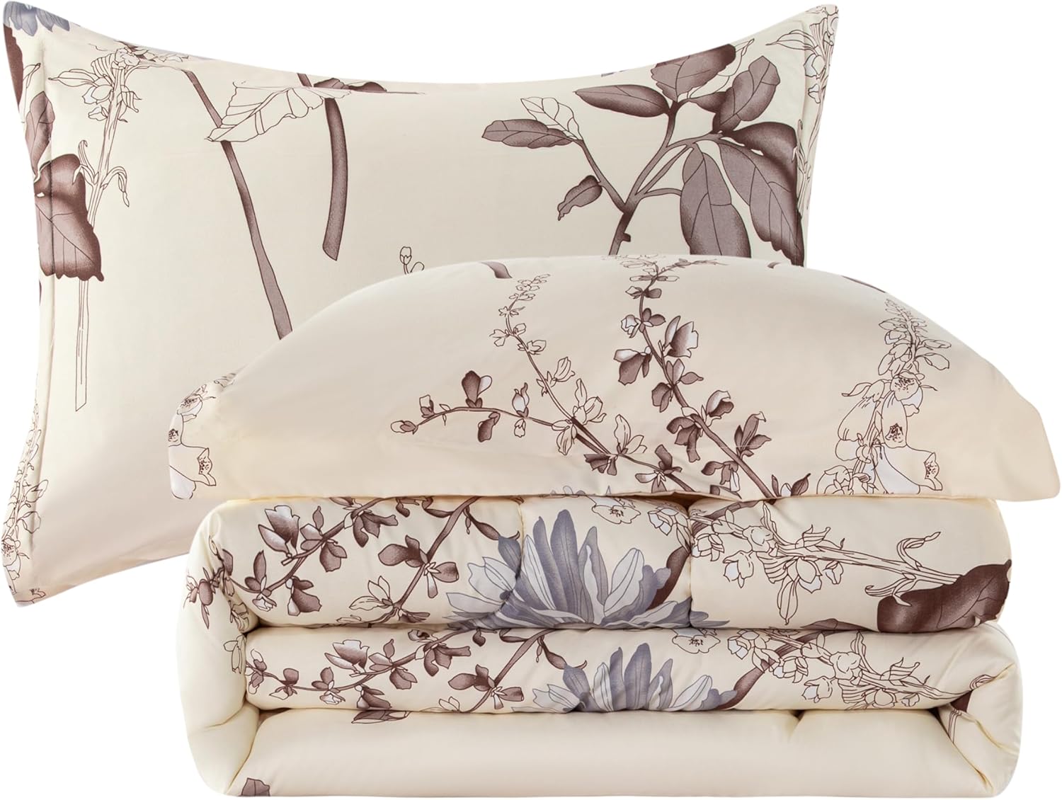 Decorkart Home Decor Ultra Soft Luxury Fluffy Goose Down Alternative Bedding Printed 3 Piece Comforter Set, Blue Chrysanthemum Floral Cream Base Pattern