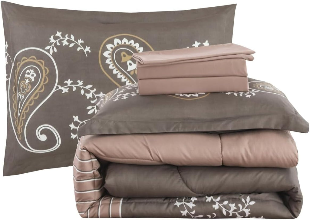 Decorkart Ultra Soft Luxury Fluffy Goose Down Alternative Bed in a Bag Bedding Printed 7 Piece Comforter Set Includes 4 Piece Sheet Set, Taupe Floral Paisley Pattern