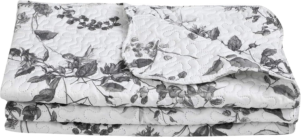 Decorkart Rich Printed Embossed Pinsonic Coverlet Bedspread Ultra Soft 3 Piece Summer Quilt Set with 2 Quilted Shams, Grey Chrysanthemum Floral Branches Pattern