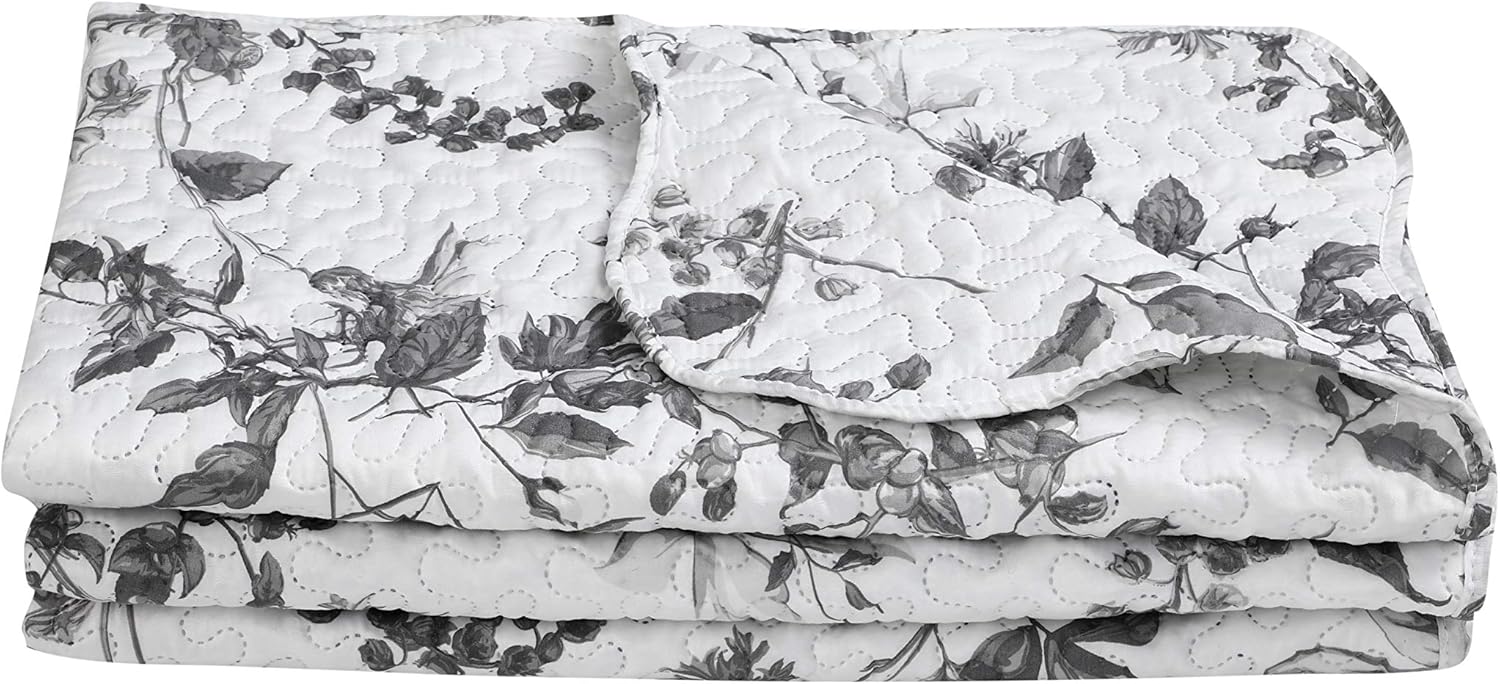 Decorkart Rich Printed Embossed Pinsonic Coverlet Bedspread Ultra Soft 3 Piece Summer Quilt Set with 2 Quilted Shams, Grey Chrysanthemum Floral Branches Pattern