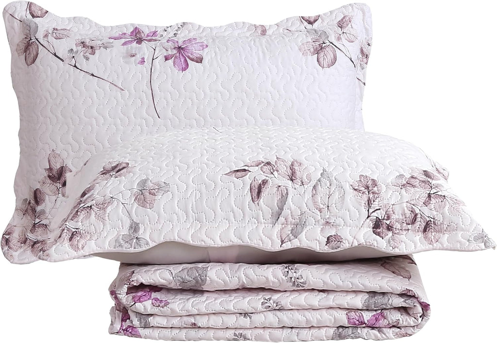 Decorkart Rich Printed Embossed Pinsonic Coverlet Bedspread Ultra Soft Home Bedding 3 Piece Summer Quilt Set with 2 Embossed Shams, Purple Leaves Pink Pattern