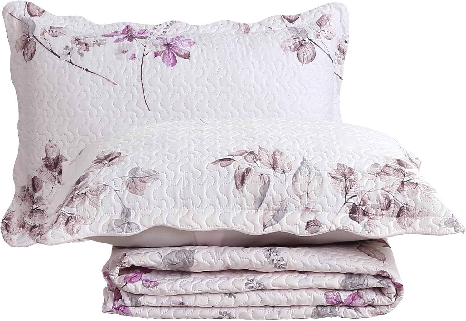Decorkart Rich Printed Embossed Pinsonic Coverlet Bedspread Ultra Soft Home Bedding 3 Piece Summer Quilt Set with 2 Embossed Shams, Purple Leaves Pink Pattern