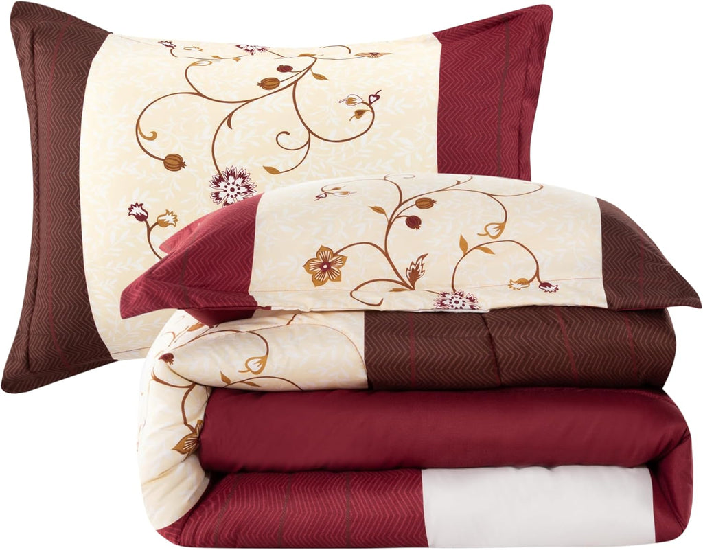 Decorkart Home Decor Ultra Soft Luxury Fluffy Goose Down Alternative Bedding Printed 3 Piece Comforter Set, Modern Burgundy Cosmos Floral Pattern