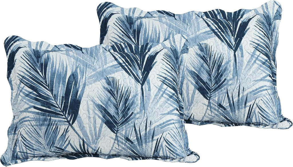 Decorkart Rich Printed Embossed Pinsonic Coverlet Bedspread Ultra Soft 3 Piece Summer Quilt Set with 2 Quilted Shams, Modern Blue Leaves Pattern