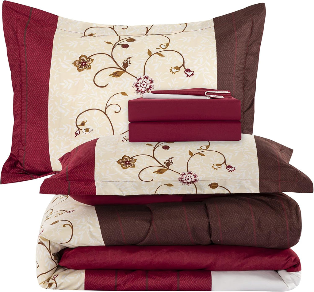 Decorkart Ultra Soft Luxury Fluffy Goose Down Alternative Bed in a Bag Rich Printed 7 Piece Comforter Set Includes 4 Piece Sheet Set, Modern Burgundy Cosmos Floral Pattern