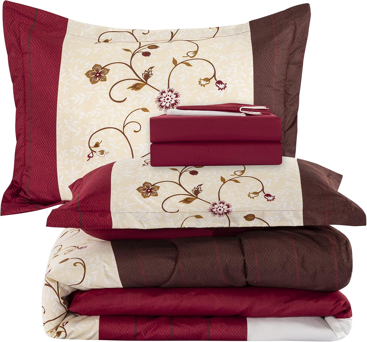 Decorkart Ultra Soft Luxury Fluffy Goose Down Alternative Bed in a Bag Rich Printed 7 Piece Comforter Set Includes 4 Piece Sheet Set, Modern Burgundy Cosmos Floral Pattern