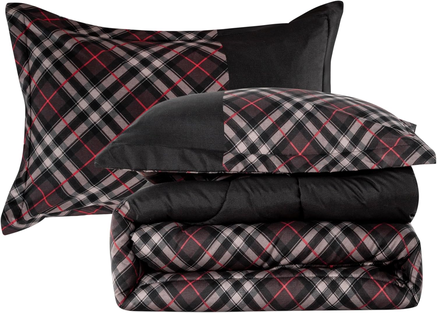 Decorkart Home Decor Ultra Soft Luxury Fluffy Goose Down Alternative Bedding Printed 3 Piece Comforter Set, Modern Black Grey Geometric Plaid Pattern