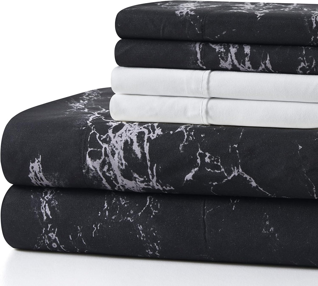 Decorkart Ultra Soft Silky Deep Pocket Rich Printed Bedding Rayon from Bamboo All Season 6 Pieces Sheet Set with 4 Pillowcases, Modern Black Marble Pattern