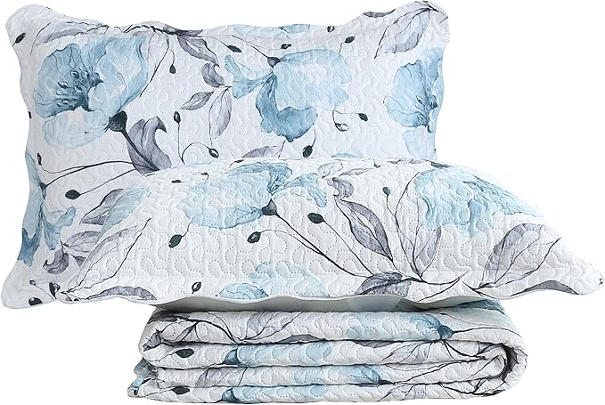 Decorkart Rich Printed Embossed Pinsonic Coverlet Bedspread Ultra Soft Home Bedding 3 Piece Summer Quilt Set with 2 Embossed Shams, Blue Floral Pattern