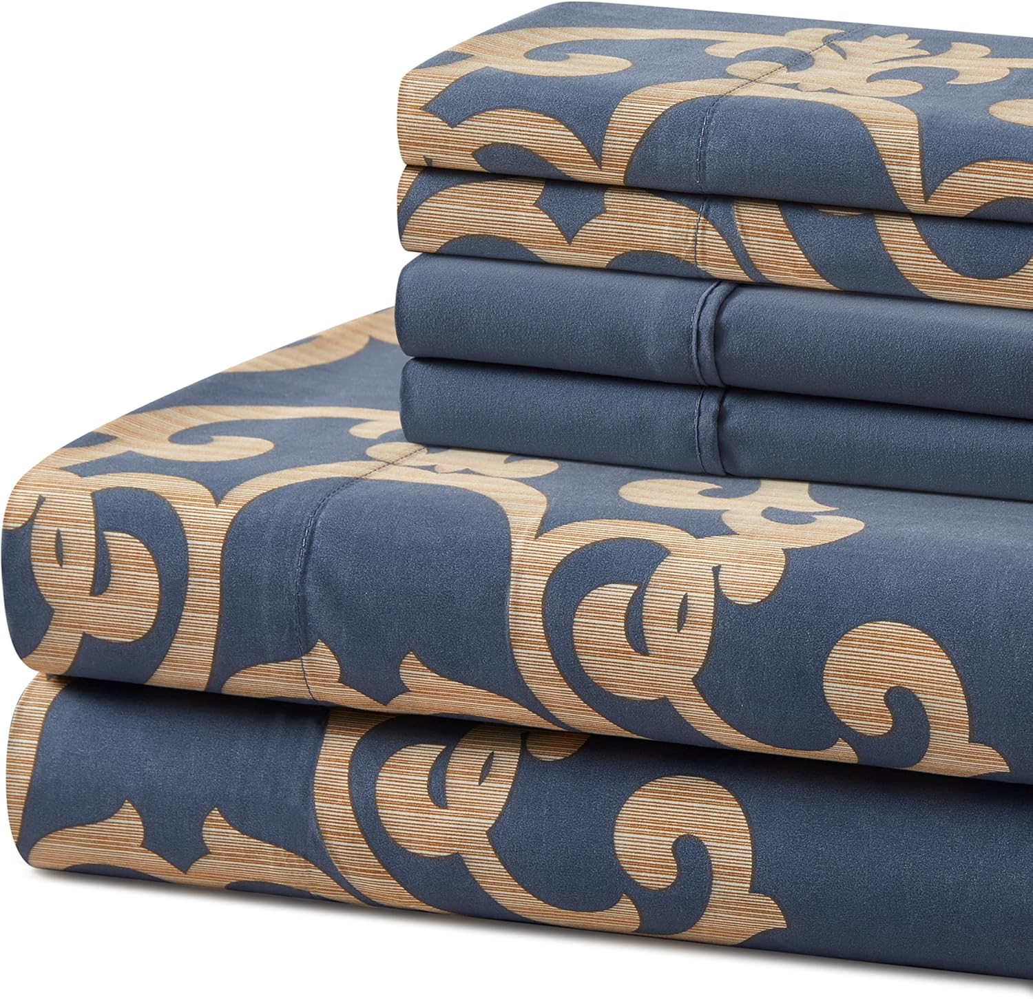 Decorkart Ultra Soft Silky Deep Pocket Rich Printed Bedding Rayon from Bamboo All Season 6 Pieces Sheet Set with 4 Pillowcases, Gold Damask Navy Blue Pattern