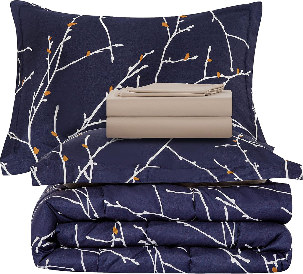 Decorkart Ultra Soft Luxury Fluffy Goose Down Alternative Bed in a Bag Rich Printed 5 Piece Comforter Set Includes 3 Piece Sheet Set, Modern Navy Blue Branches Pattern