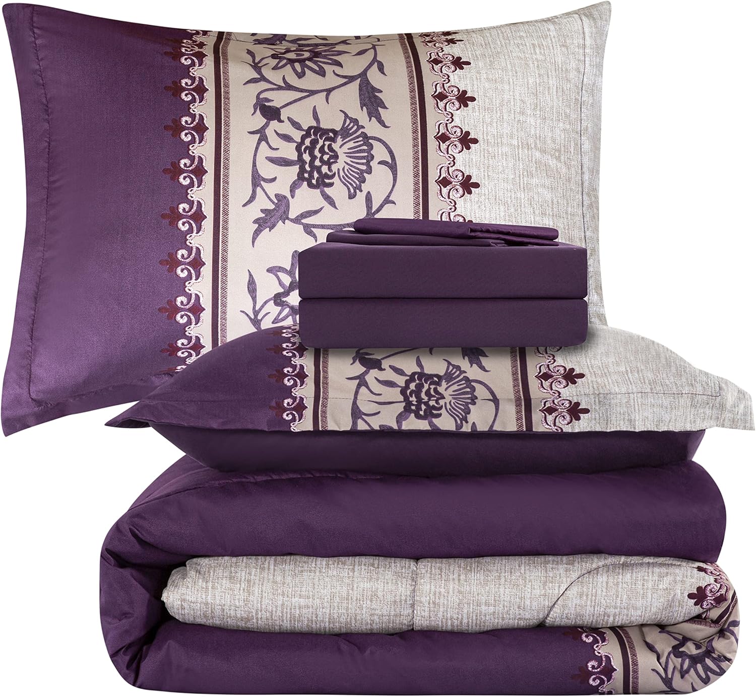 Decorkart Ultra Soft Luxury Fluffy Goose Down Alternative Bed in a Bag Rich Printed 7 Piece Comforter Set Includes 4 Piece Sheet Set, Modern Eggplant Aster Floral Pattern
