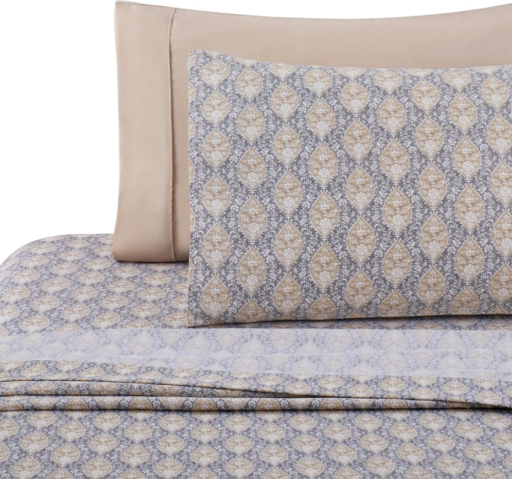 Decorkart Ultra Soft Silky Deep Pocket Rich Printed Bedding Rayon from Bamboo All Season 6 Pieces Sheet Set with 4 Pillowcases, Taupe Grey Floral Pattern