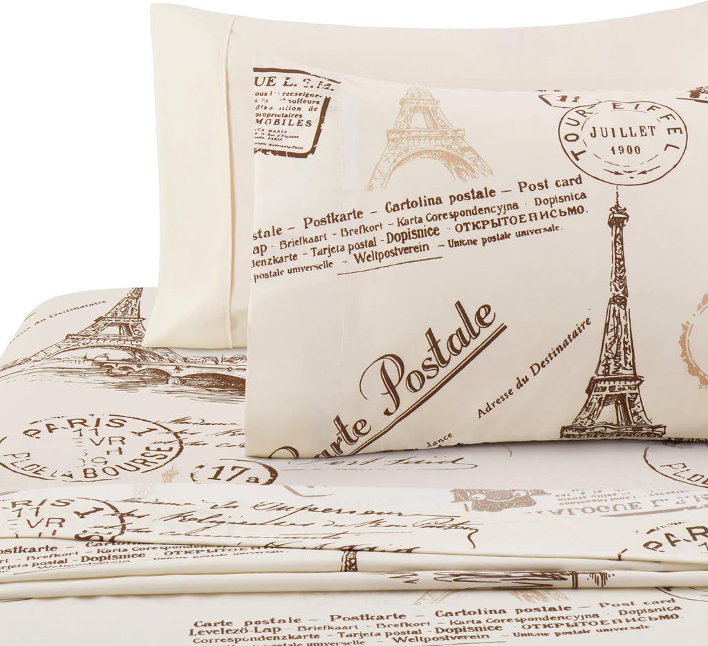 Decorkart Ultra Soft Silky Deep Pocket Rich Printed Bedding Rayon from Bamboo All Season 6 Pieces Sheet Set with 4 Pillowcases, Eiffel Tower Ivory Pattern