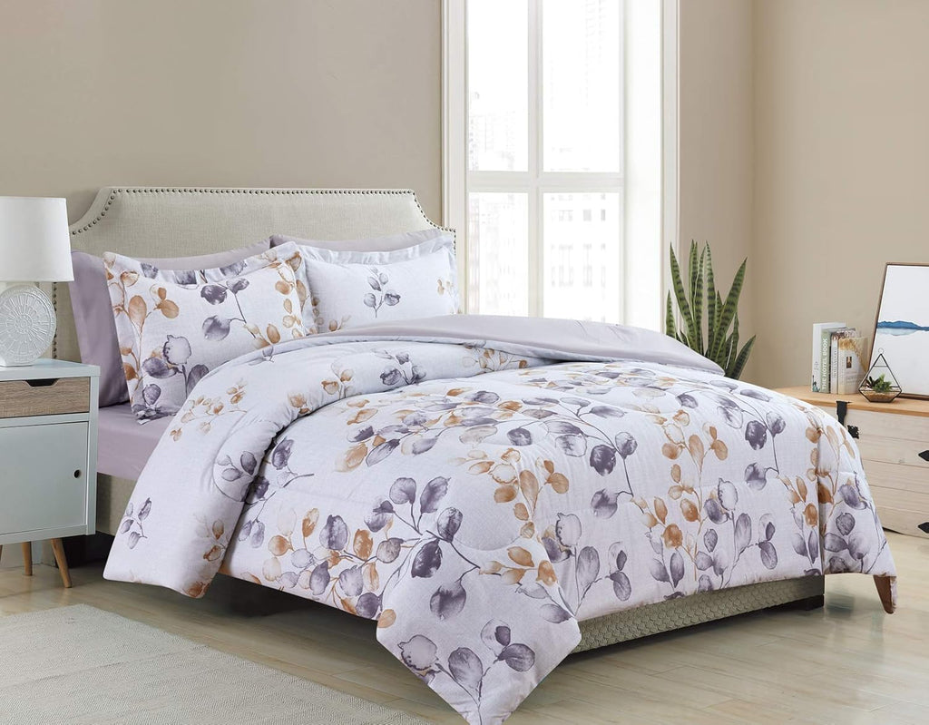 Decorkart Ultra Soft Luxury Fluffy Goose Down Alternative Bed in a Bag Rich Printed 7 Piece Comforter Set Includes 4 Piece Sheet Set, Simplify Modern Leaves Pattern
