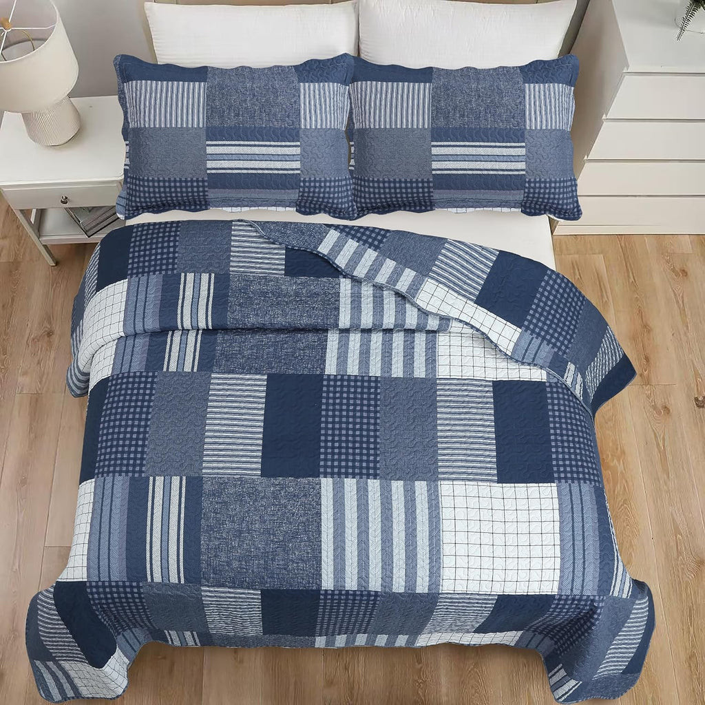 Decorkart Rich Printed Embossed Pinsonic Coverlet Bedspread Ultra Soft Home Bedding 3 Piece Summer Quilt Set with 2 Embossed Shams, Navy White Plaid Pattern