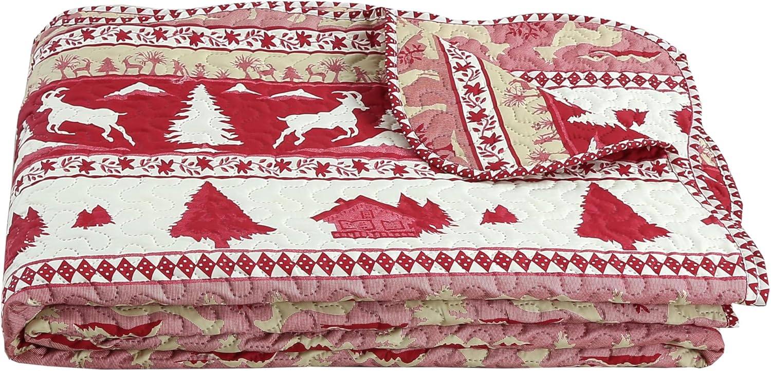 Decorkart Rich Printed Embossed Pinsonic Coverlet Bedspread Ultra Soft Home Bedding 3 Piece Summer Christmas Quilt Set with 2 Quilted Shams, Cabin Red Goat Pattern